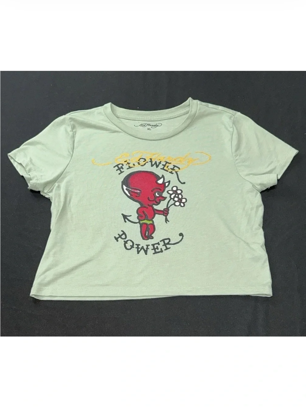 Ed Hardy Women’s XL Cropped Baby Tee Flower Power Y2K Graphic T Shirt Tattoo Art